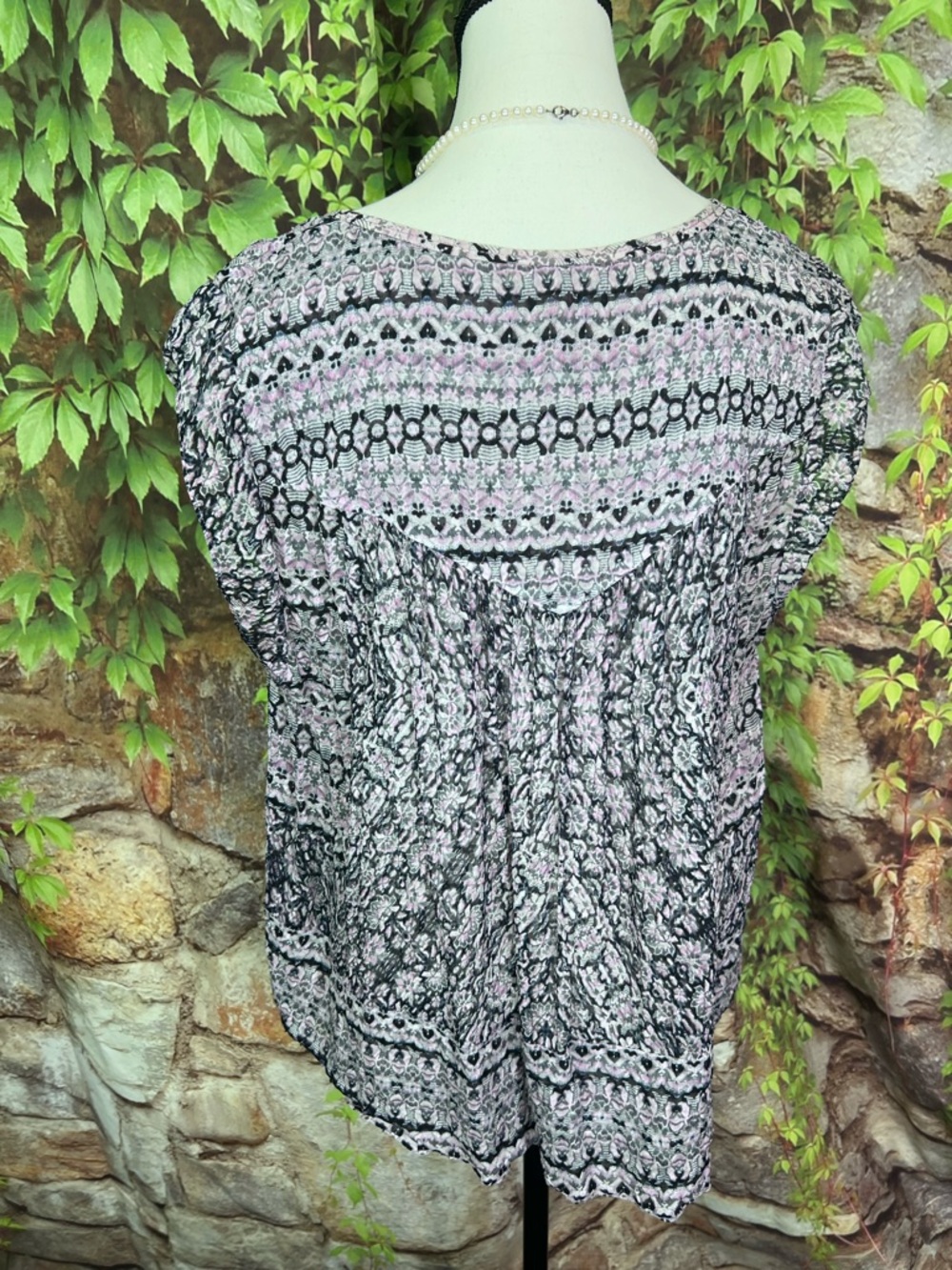 REBECCA TAYLOR Summer Designer Black and Lilac Double Tie Neck Print Blouse, 12 - Picture 7 of 12